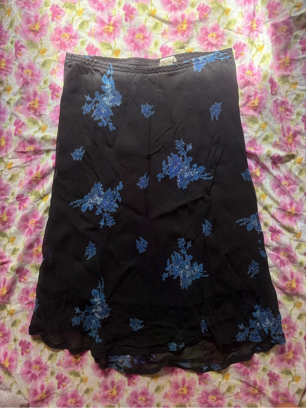 Vintage Black Midi Skirt with Blue Floral Accents 🦋